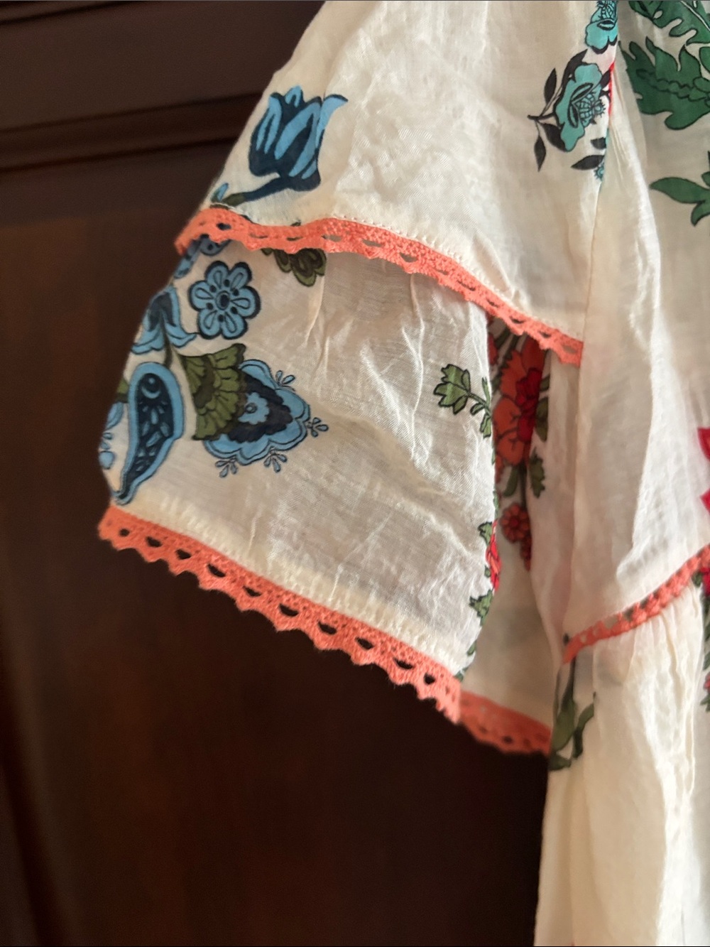 THML cream Floral Embroidered Peasant Blouse with Coral & Blue Accents - Picture 4 of 7